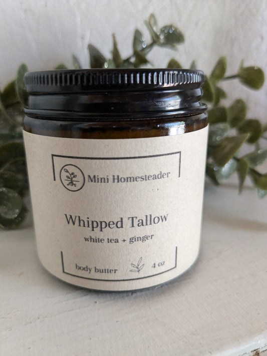 White Tea Ginger Whipped Tallow Body Butter 4oz (glass jar)