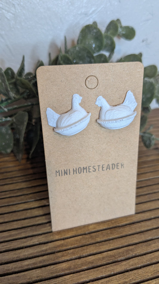 Farmhouse Chicken Earrings | White Hen Stud Earrings