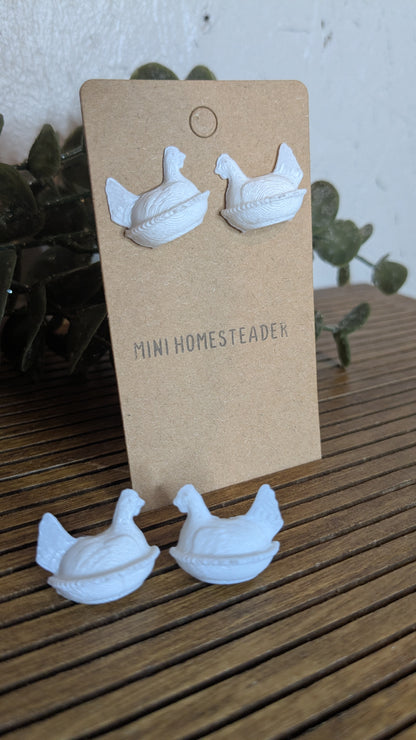 Farmhouse Chicken Earrings | White Hen Stud Earrings